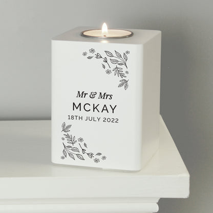 Personalised Floral Leaf White Wooden Tea Light Holder - image 4