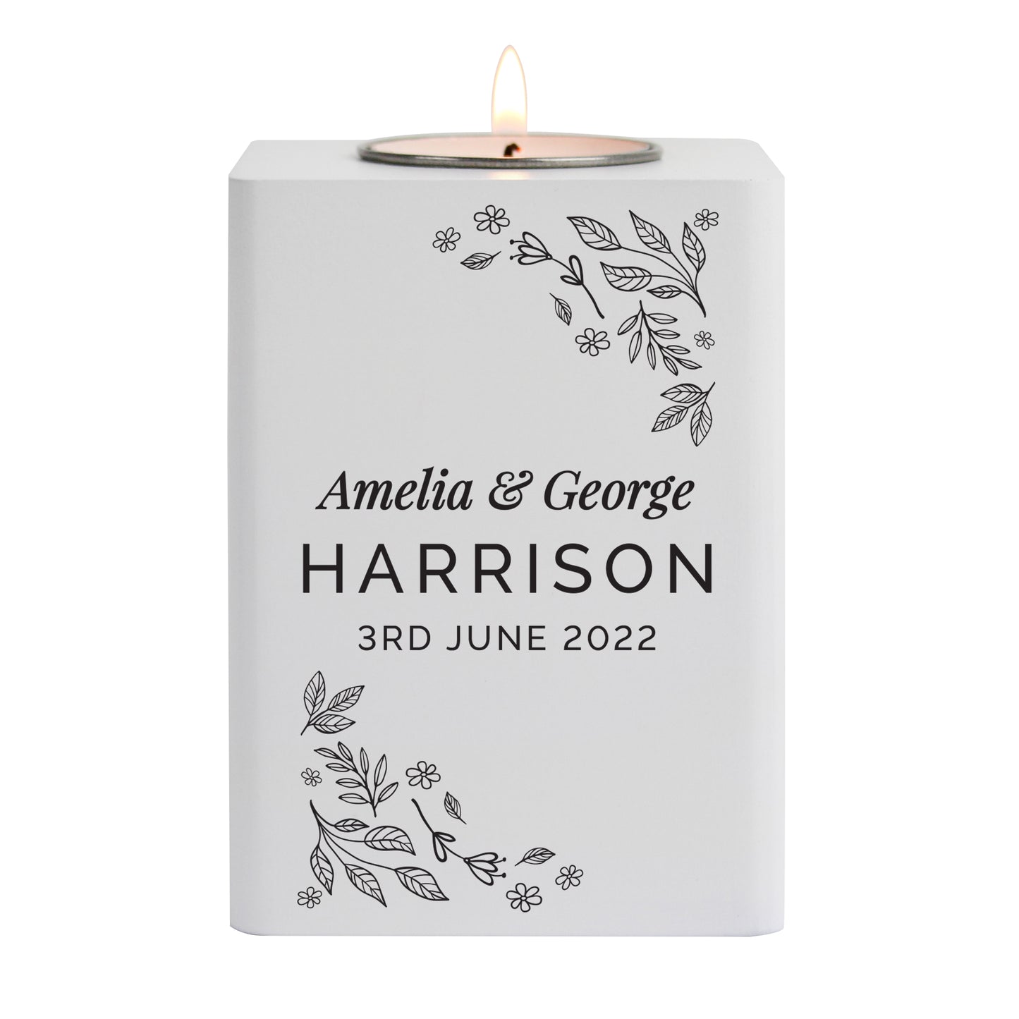 Personalised Floral Leaf White Wooden Tea Light Holder - image 5
