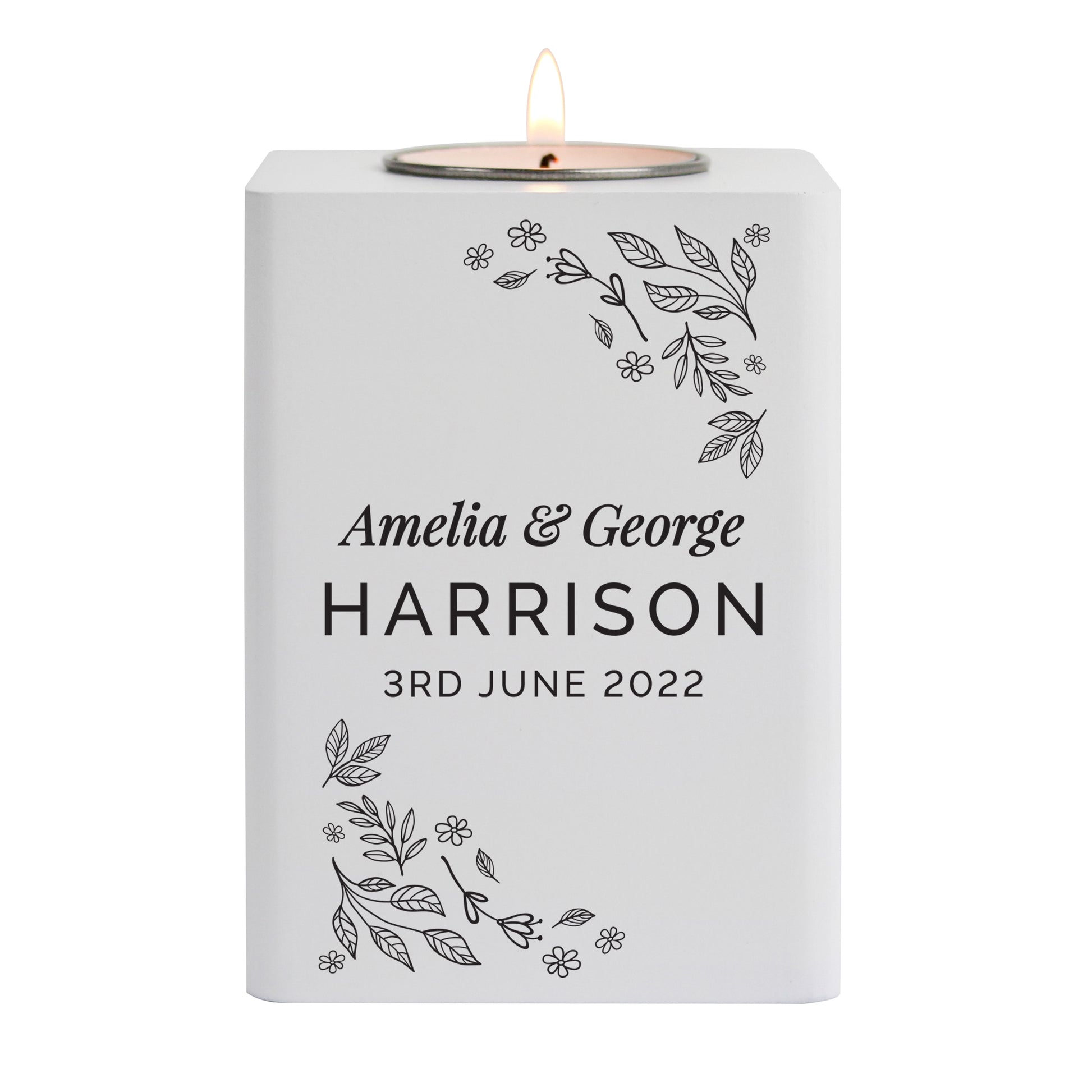 Personalised Floral Leaf White Wooden Tea Light Holder - image 5