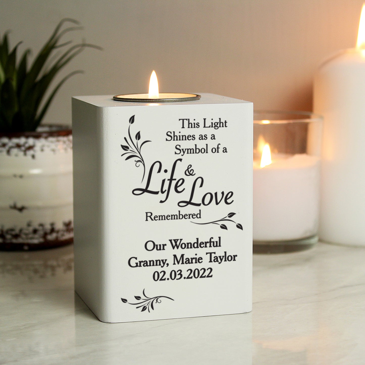 Personalised Life & Love White Wooden Tea Light Holder from Heartfelt Gifts