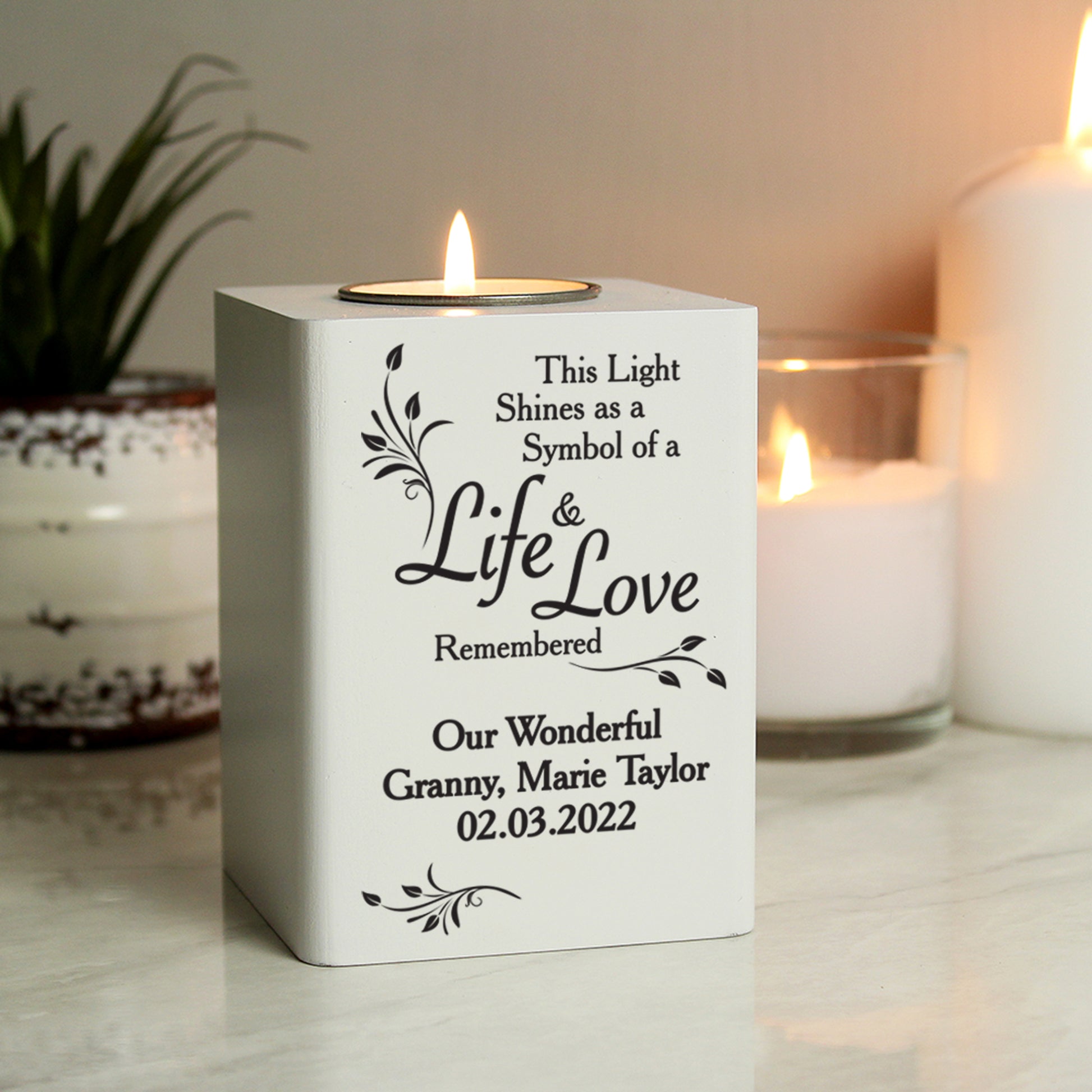 Personalised Life & Love White Wooden Tea Light Holder from Heartfelt Gifts