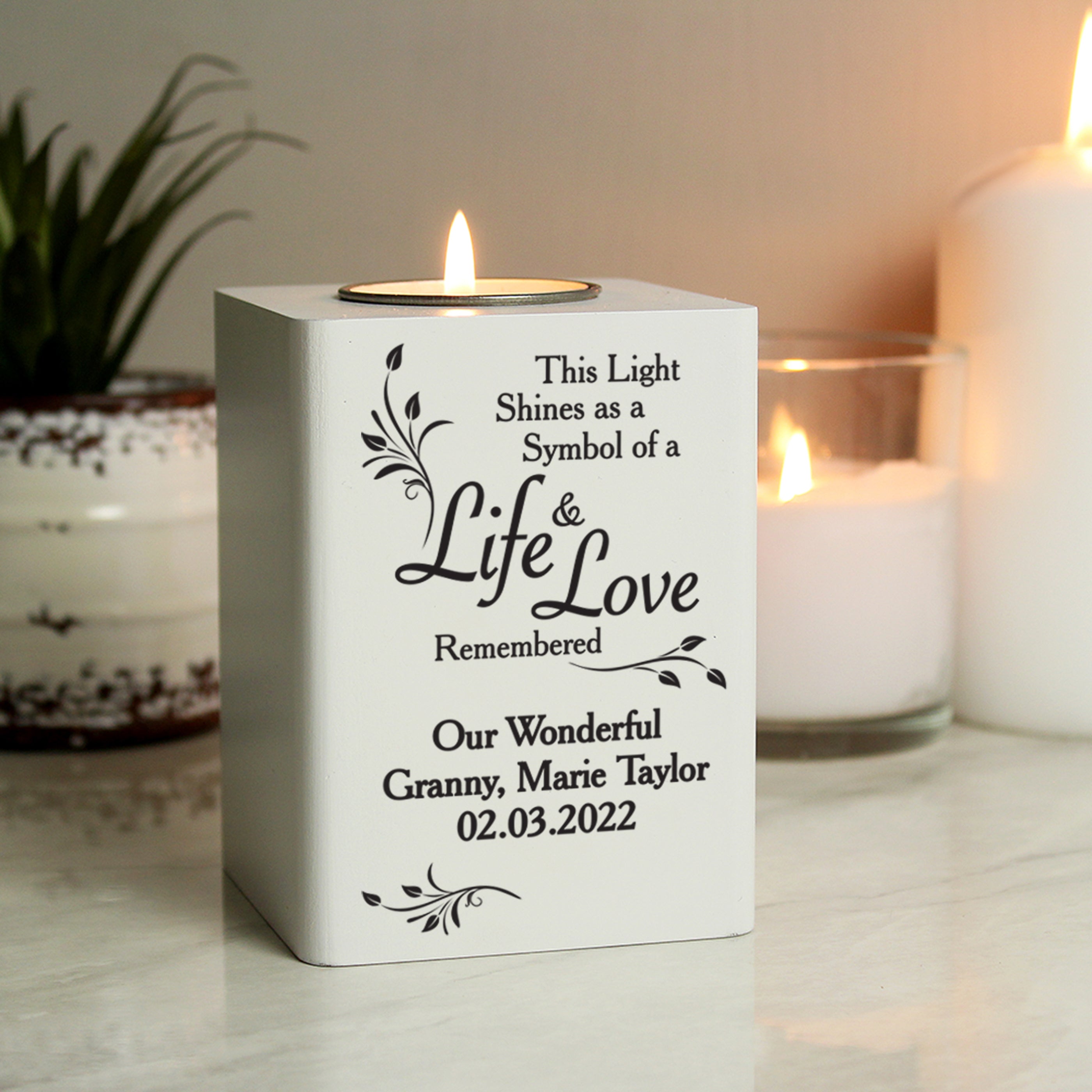 Personalised Life & Love White Wooden Tea Light Holder from Heartfelt Gifts