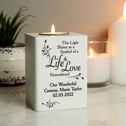 Personalised Life & Love White Wooden Tea Light Holder from Heartfelt Gifts