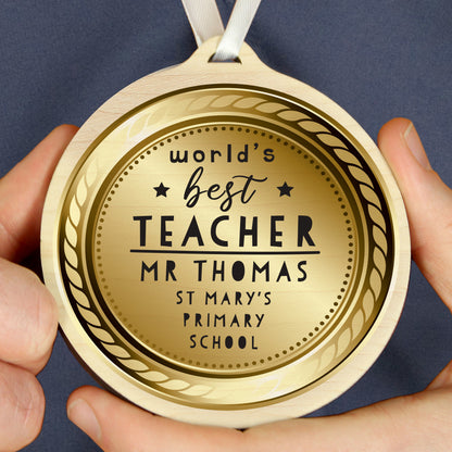 Personalised Worlds Best Teacher Round Wooden Medal from Heartfelt Gifts