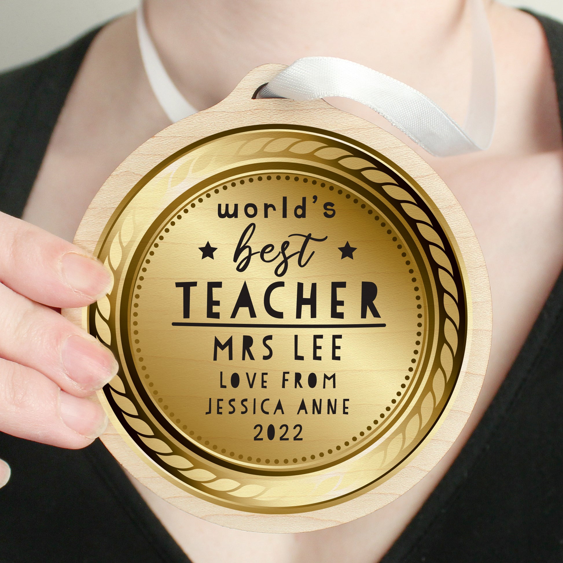 Personalised Worlds Best Teacher Round Wooden Medal - image 2