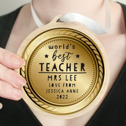 Personalised Worlds Best Teacher Round Wooden Medal - image 2