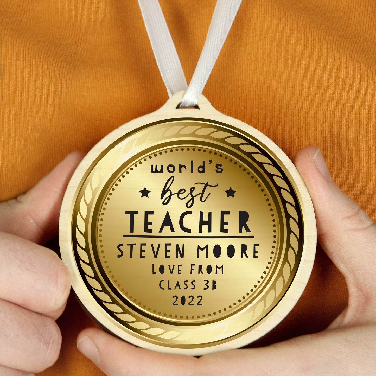 Personalised Worlds Best Teacher Round Wooden Medal - image 3