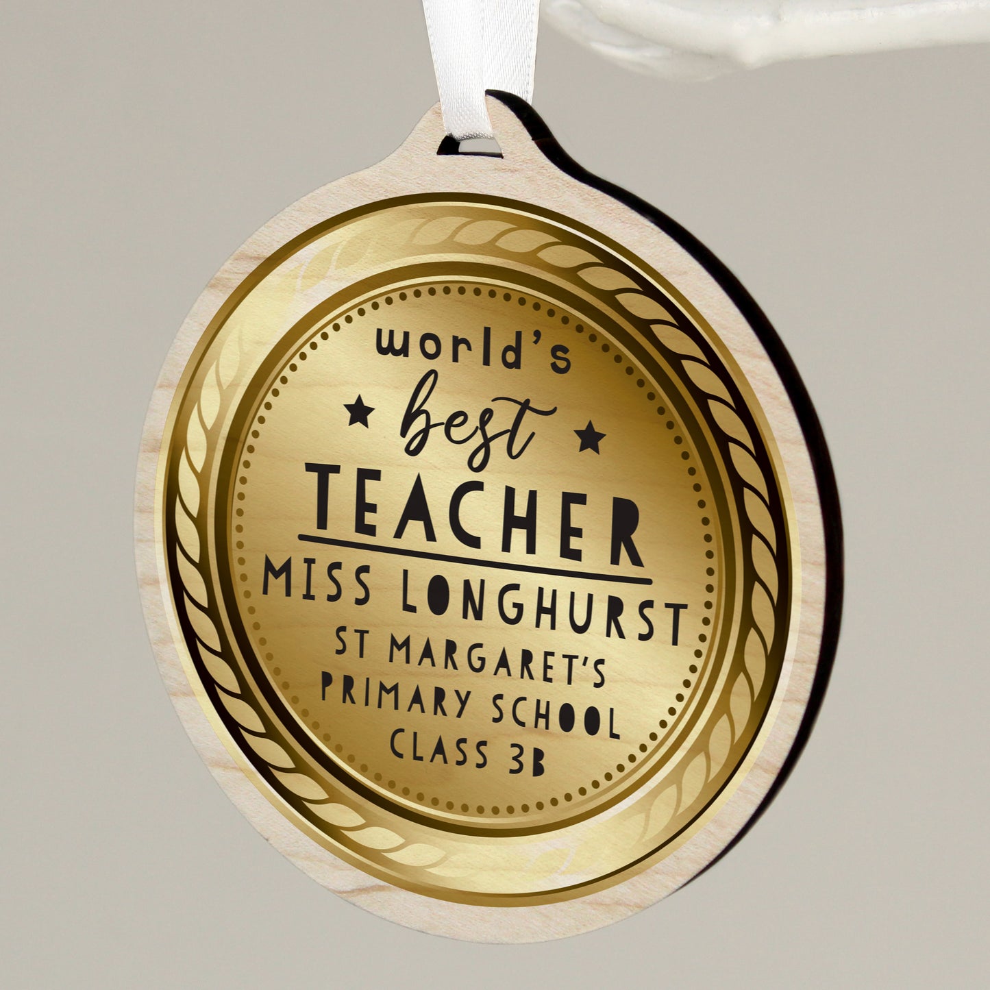 Personalised Worlds Best Teacher Round Wooden Medal - image 4