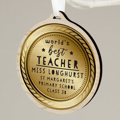 Personalised Worlds Best Teacher Round Wooden Medal - image 4
