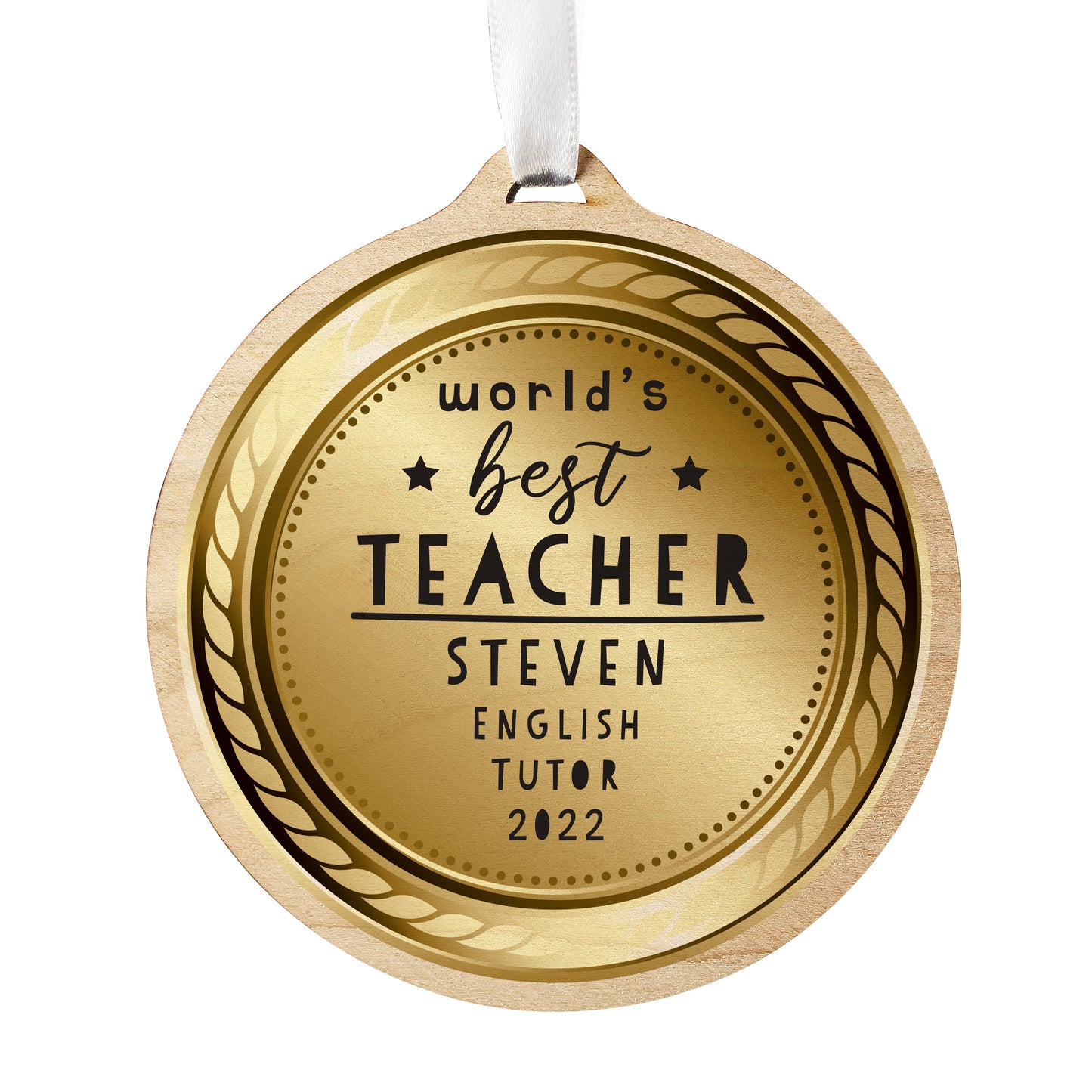 Personalised Worlds Best Teacher Round Wooden Medal - image 5