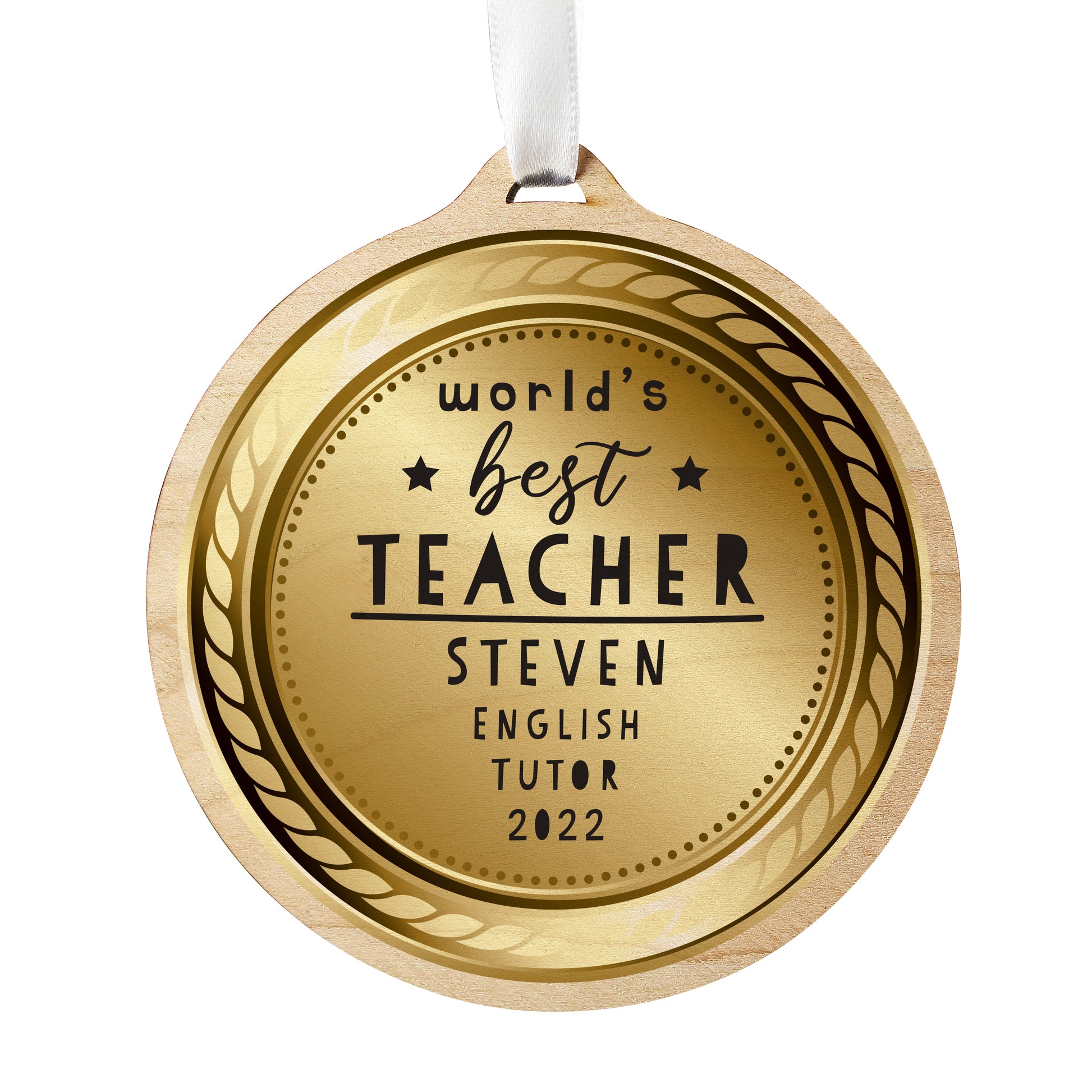 Personalised Worlds Best Teacher Round Wooden Medal - image 5