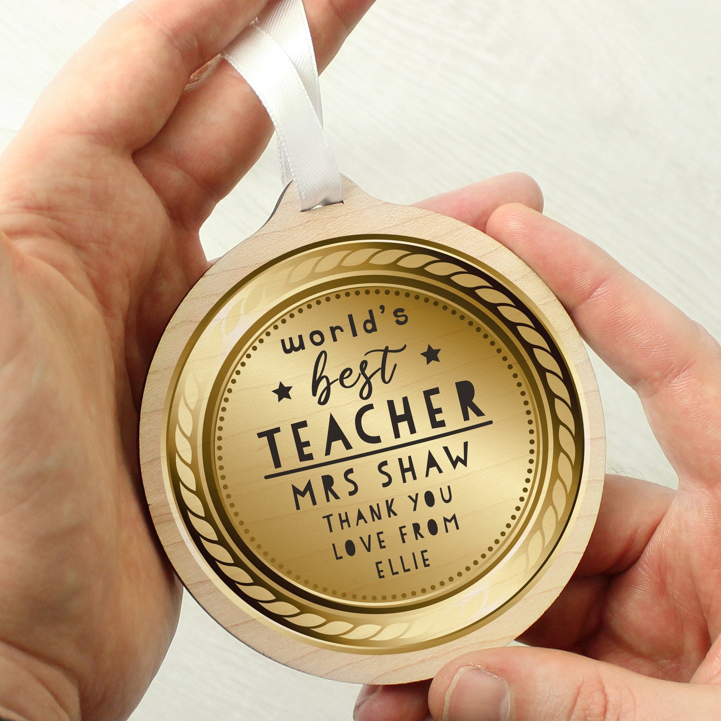 Personalised Worlds Best Teacher Round Wooden Medal - image 6