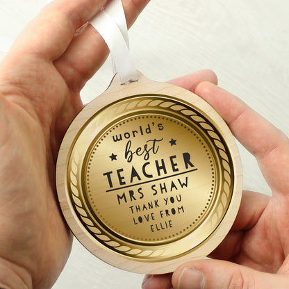Personalised Worlds Best Teacher Round Wooden Medal - image 6
