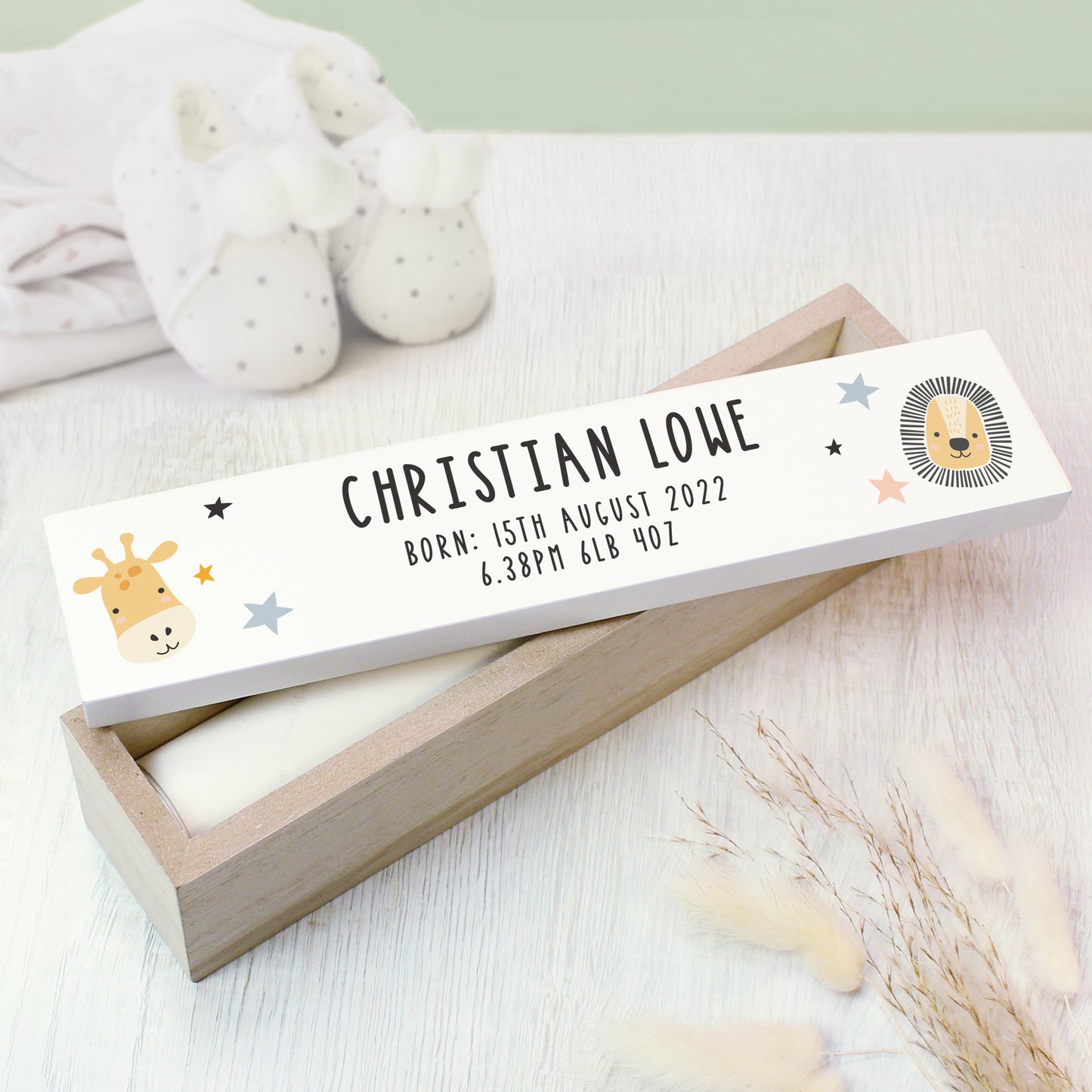 Personalised Scandi Safari Animals Wooden Birth Certificate Holder - image 4