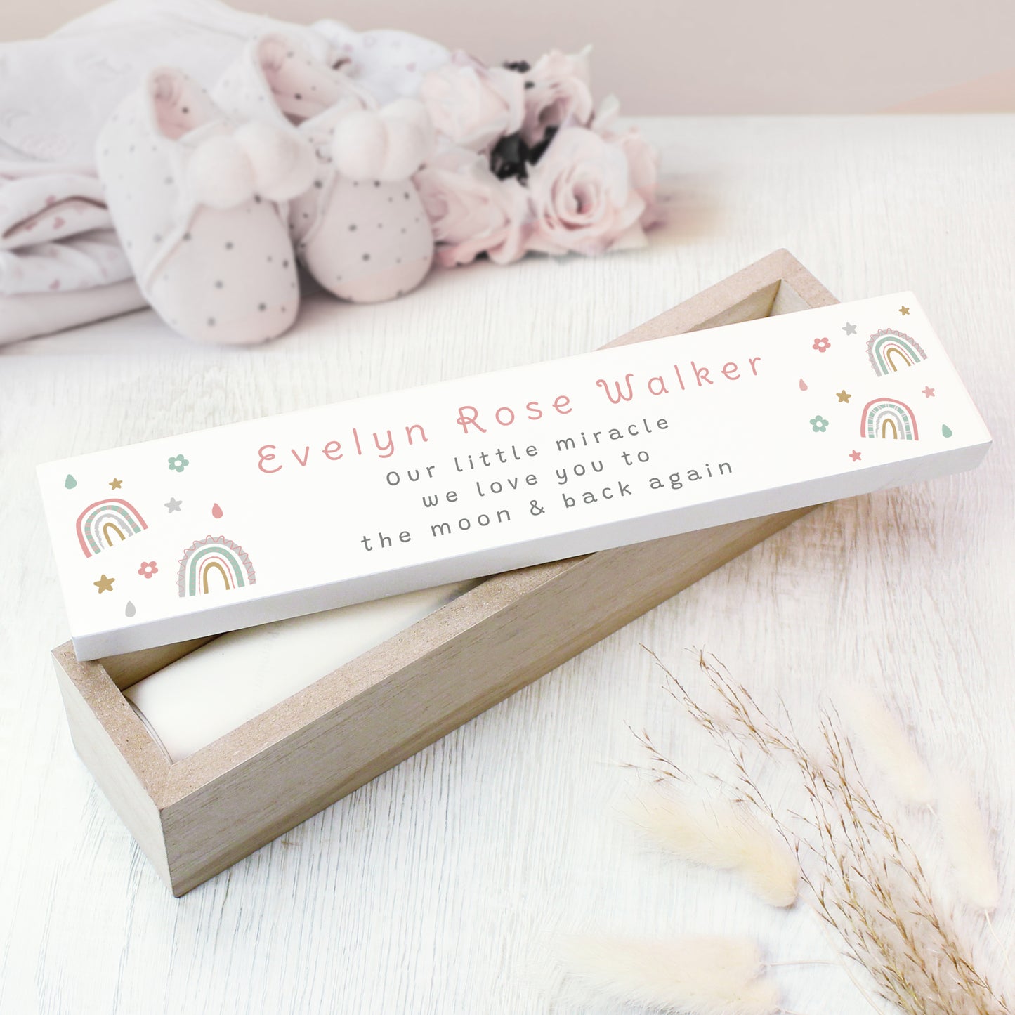 Personalised Rainbow Wooden Birth Certificate Holder from Heartfelt Gifts