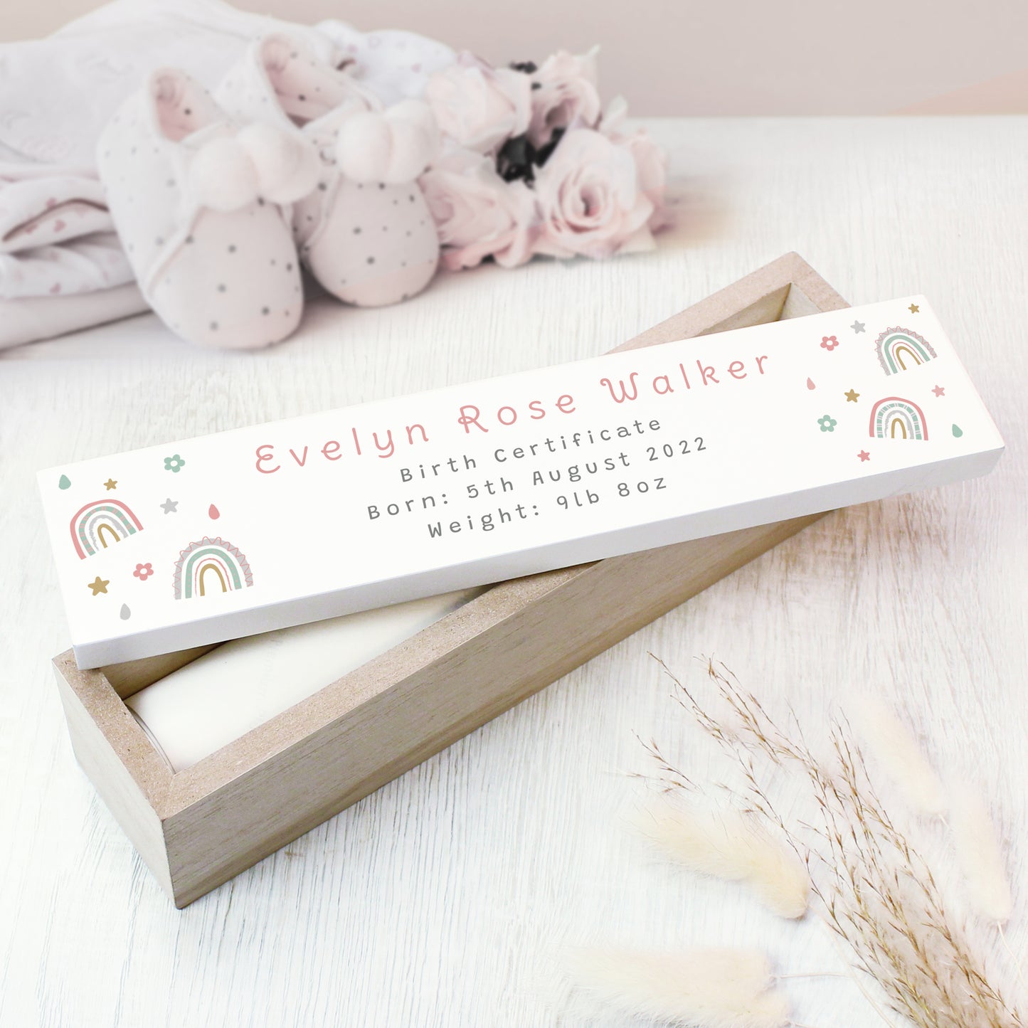 Personalised Rainbow Wooden Birth Certificate Holder - image 2