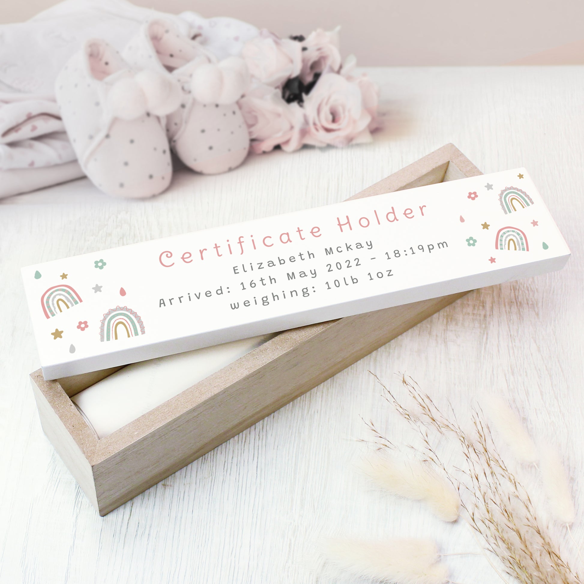 Personalised Rainbow Wooden Birth Certificate Holder - image 4