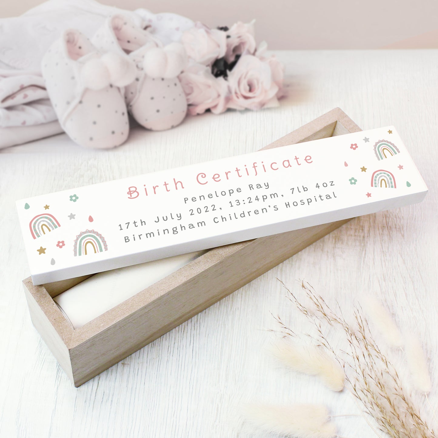 Personalised Rainbow Wooden Birth Certificate Holder - image 7