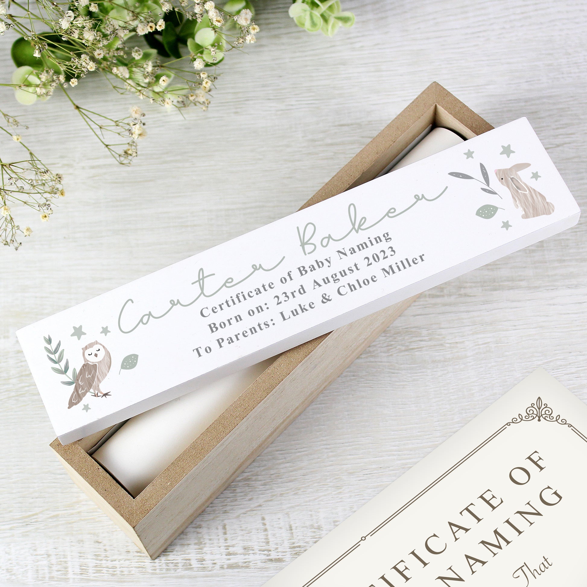 Personalised Woodland Animals Wooden Birth Certificate Holder - image 7