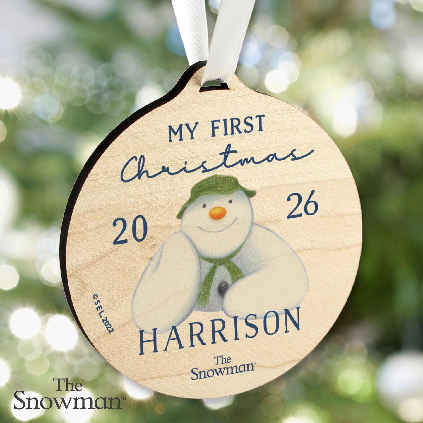 Personalised The Snowman My First Christmas Round Wooden Decoration from Heartfelt Gifts