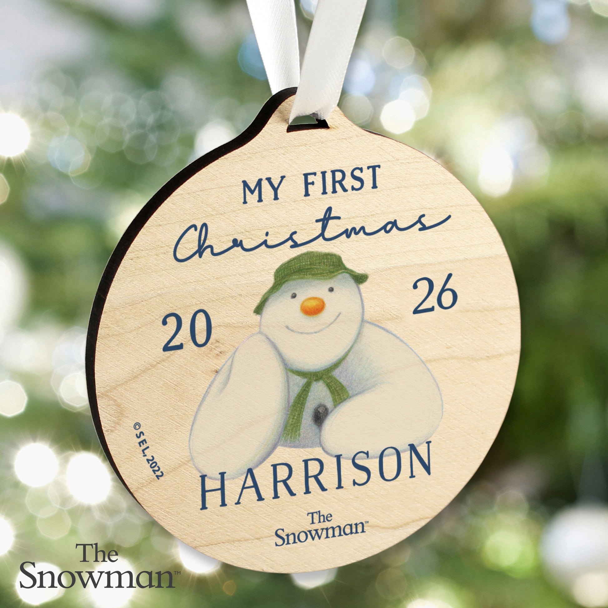 Personalised The Snowman My First Christmas Round Wooden Decoration from Heartfelt Gifts