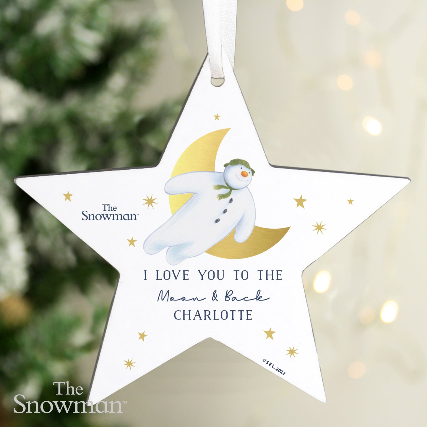 Personalised The Snowman Gold Moon Wooden Star Decoration - image 2