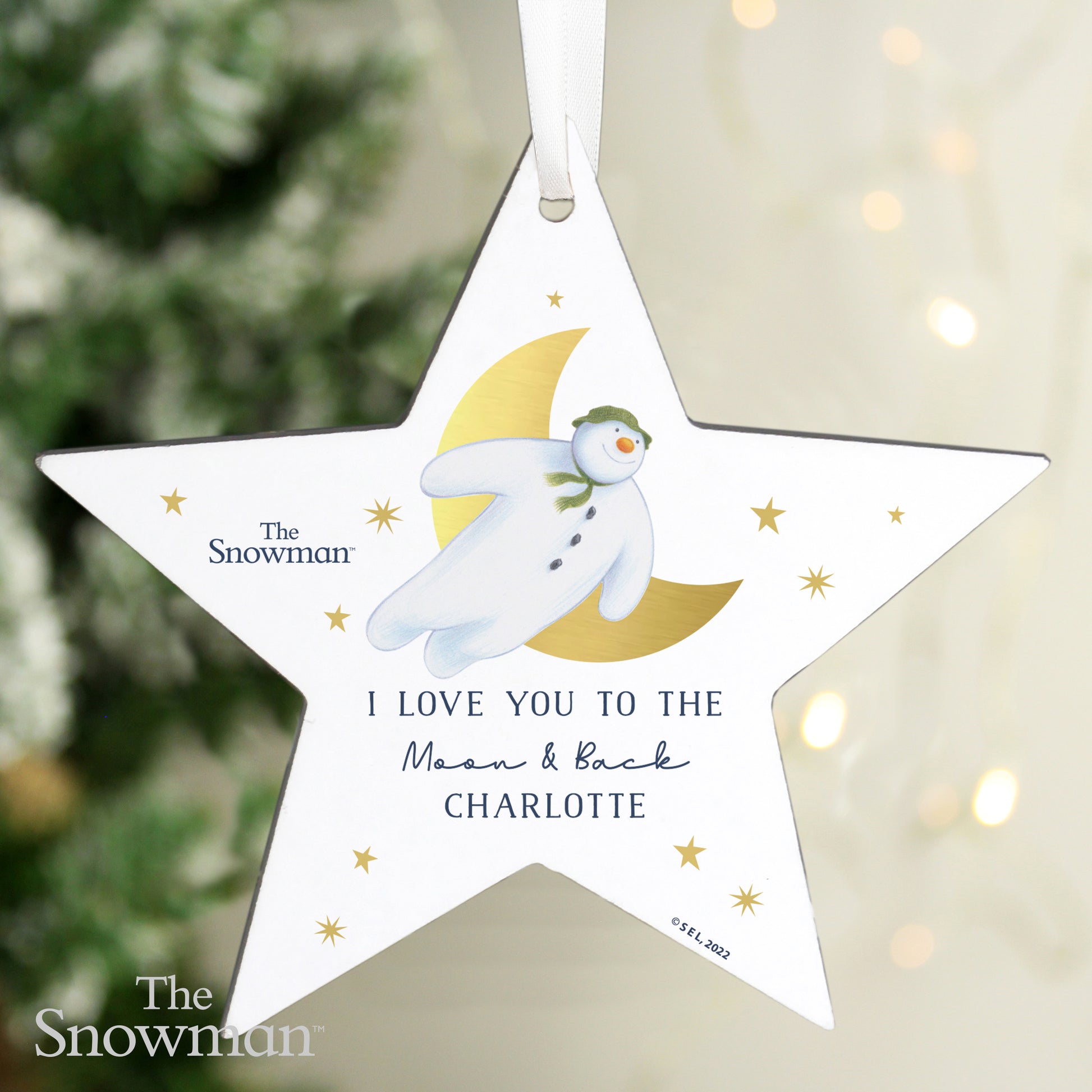Personalised The Snowman Gold Moon Wooden Star Decoration - image 2