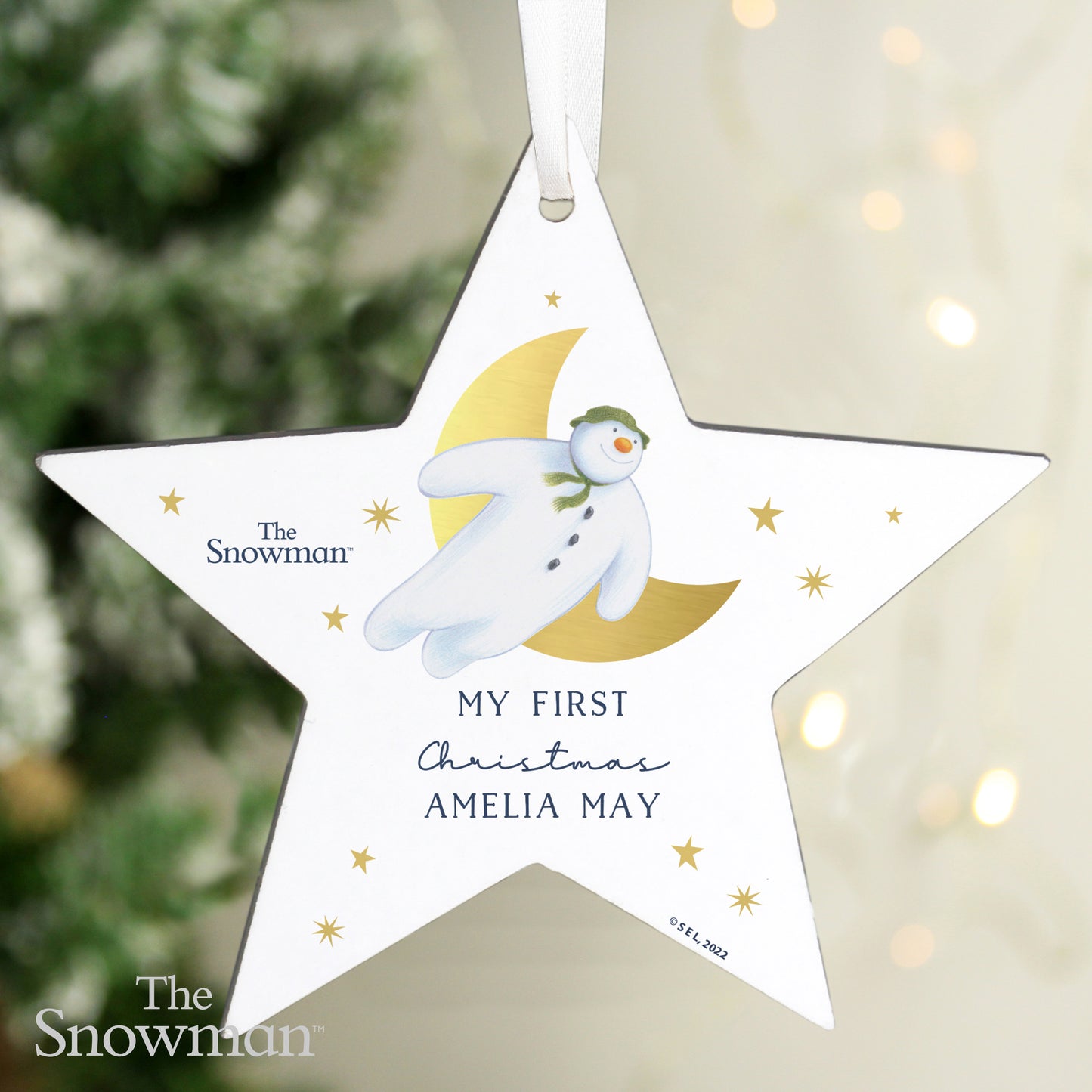 Personalised The Snowman Gold Moon Wooden Star Decoration - image 4