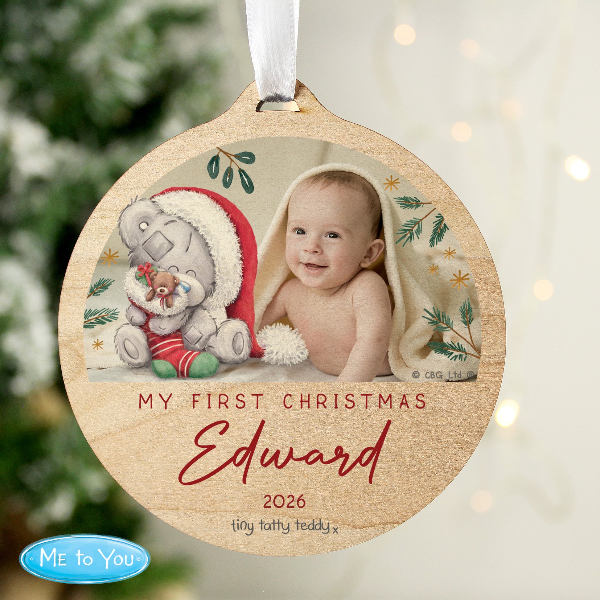 Personalised First Christmas Tiny Tatty Teddy Photo Upload Round Wooden Decoration from Heartfelt Gifts