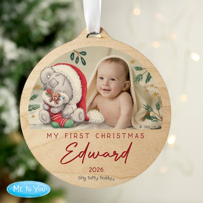 Personalised First Christmas Tiny Tatty Teddy Photo Upload Round Wooden Decoration from Heartfelt Gifts