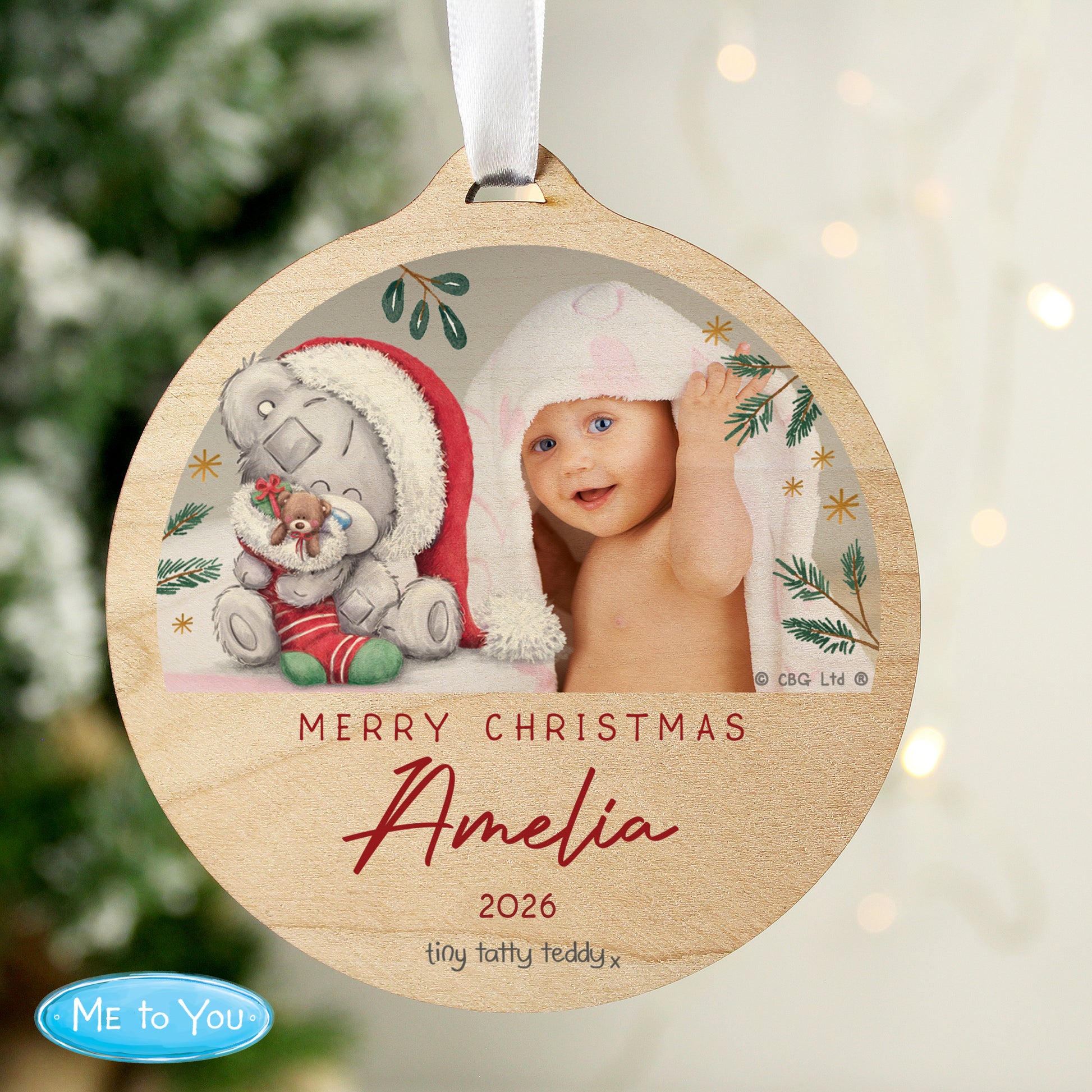 Personalised First Christmas Tiny Tatty Teddy Photo Upload Round Wooden Decoration - image 2