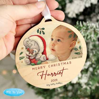 Personalised First Christmas Tiny Tatty Teddy Photo Upload Round Wooden Decoration - image 3