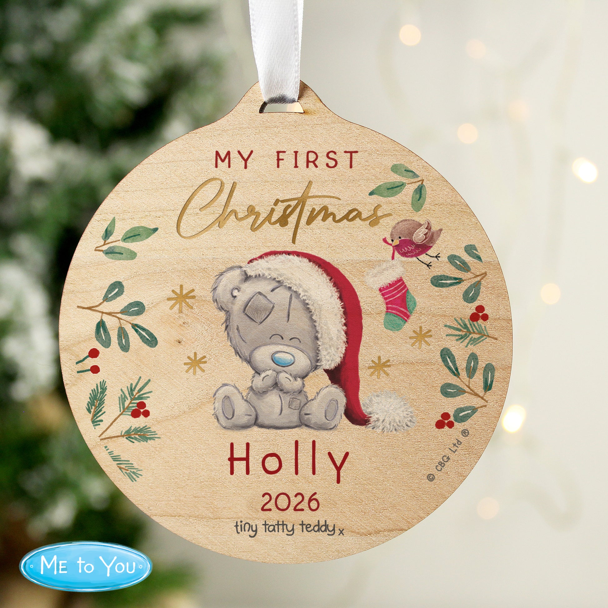 Personalised First Christmas Tiny Tatty Teddy Round Wooden Decoration from Heartfelt Gifts