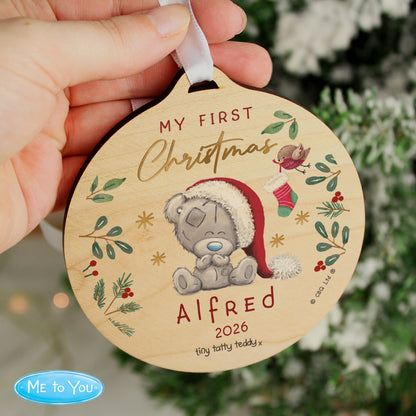 Personalised First Christmas Tiny Tatty Teddy Round Wooden Decoration - image 2