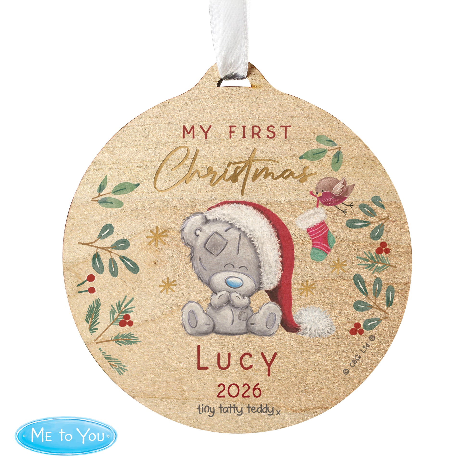 Personalised First Christmas Tiny Tatty Teddy Round Wooden Decoration - image 4