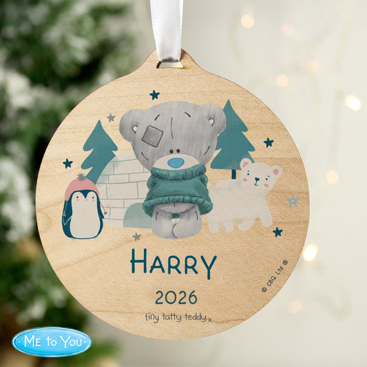Personalised Winter Explorer Tiny Tatty Teddy Round Wooden Decoration from Heartfelt Gifts