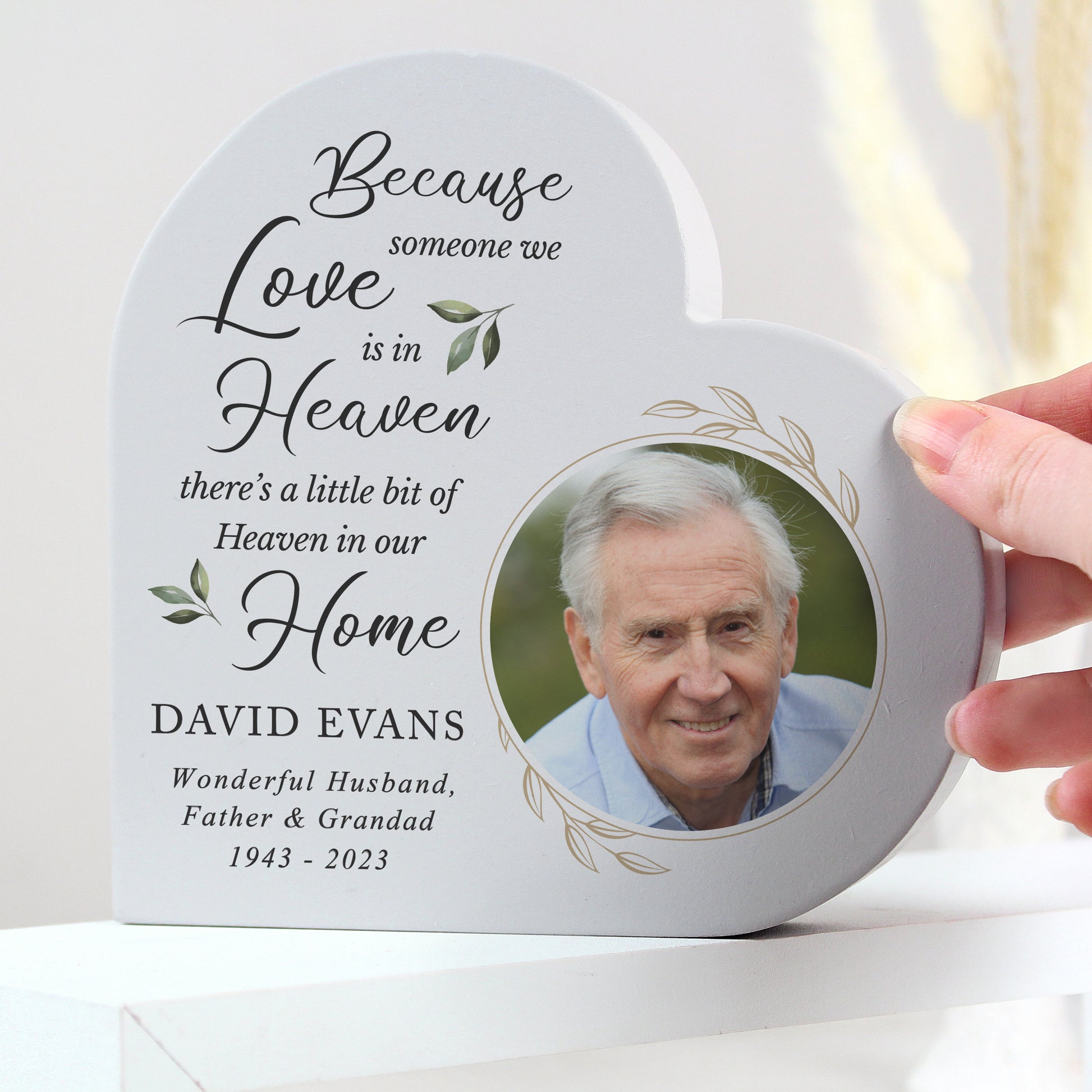 Personalised Botanical Memorial Photo Upload Free Standing Heart Ornament from Heartfelt Gifts
