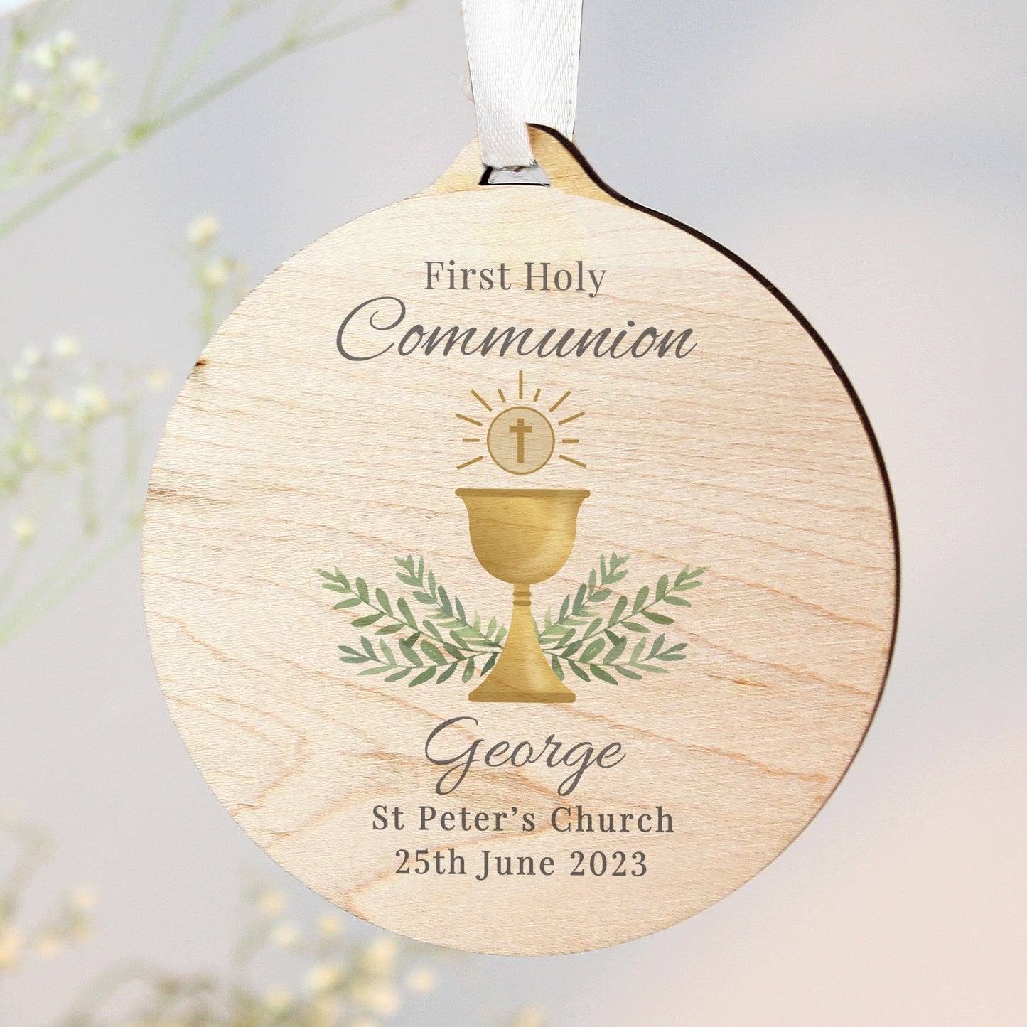 Personalised First Holy Communion Round Wooden Decoration - image 3