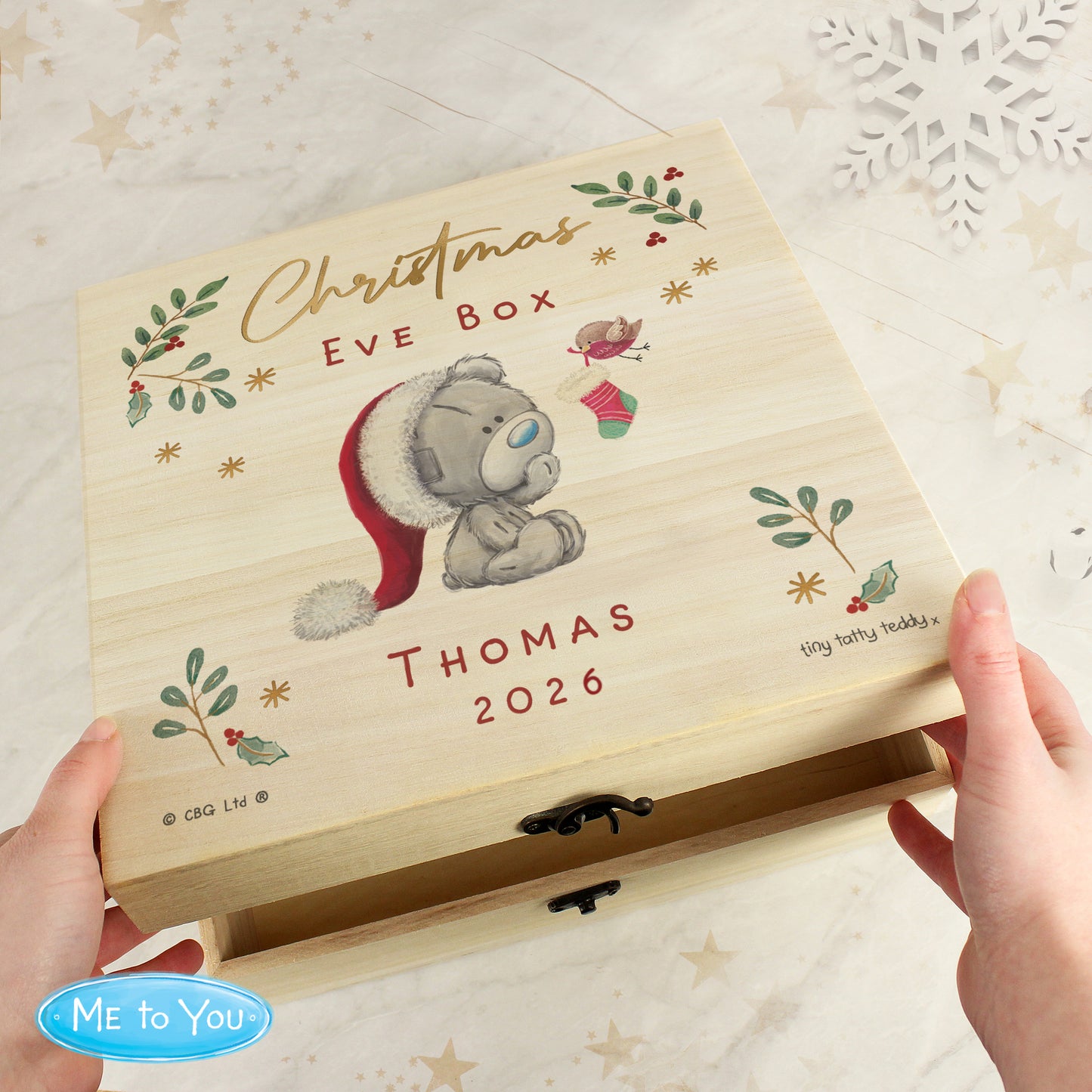Personalised Winter Christmas Eve Tiny Tatty Teddy Large Wooden Keepsake Box - image 2