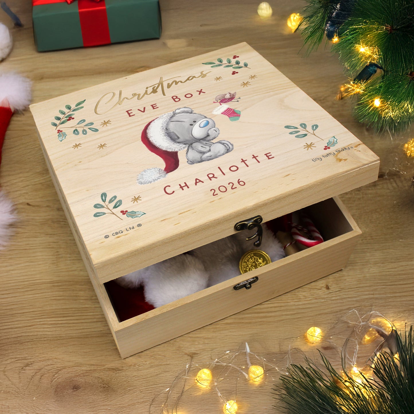 Personalised Winter Christmas Eve Tiny Tatty Teddy Large Wooden Keepsake Box - image 3