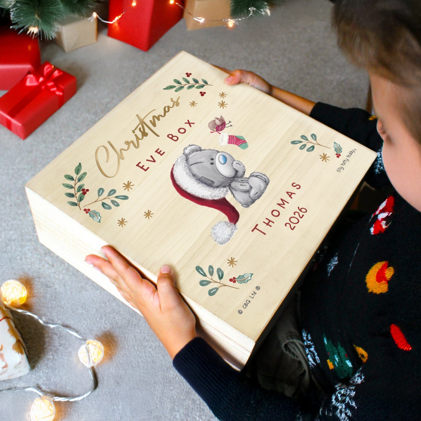 Personalised Winter Christmas Eve Tiny Tatty Teddy Large Wooden Keepsake Box - image 4