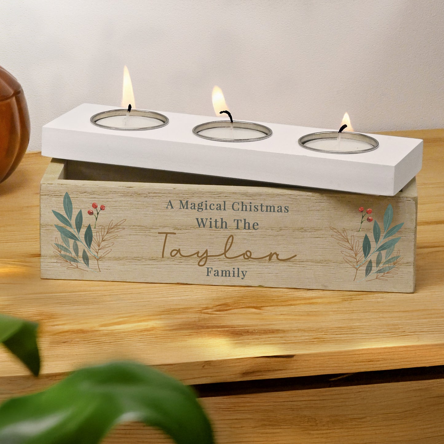 Personalised Christmas Foliage Triple Tea Light Box from Heartfelt Gifts
