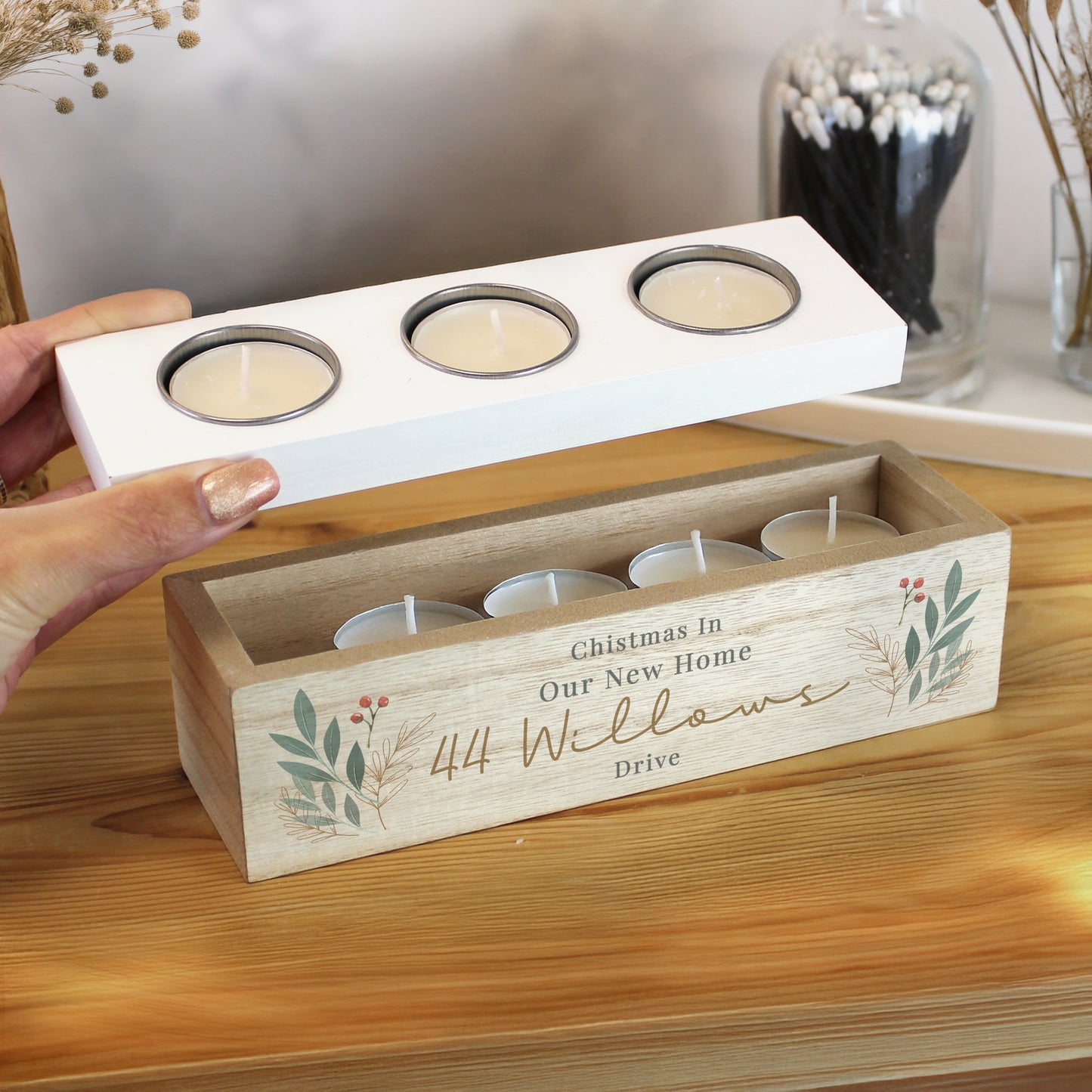 Personalised Christmas Foliage Triple Tea Light Box - image 3