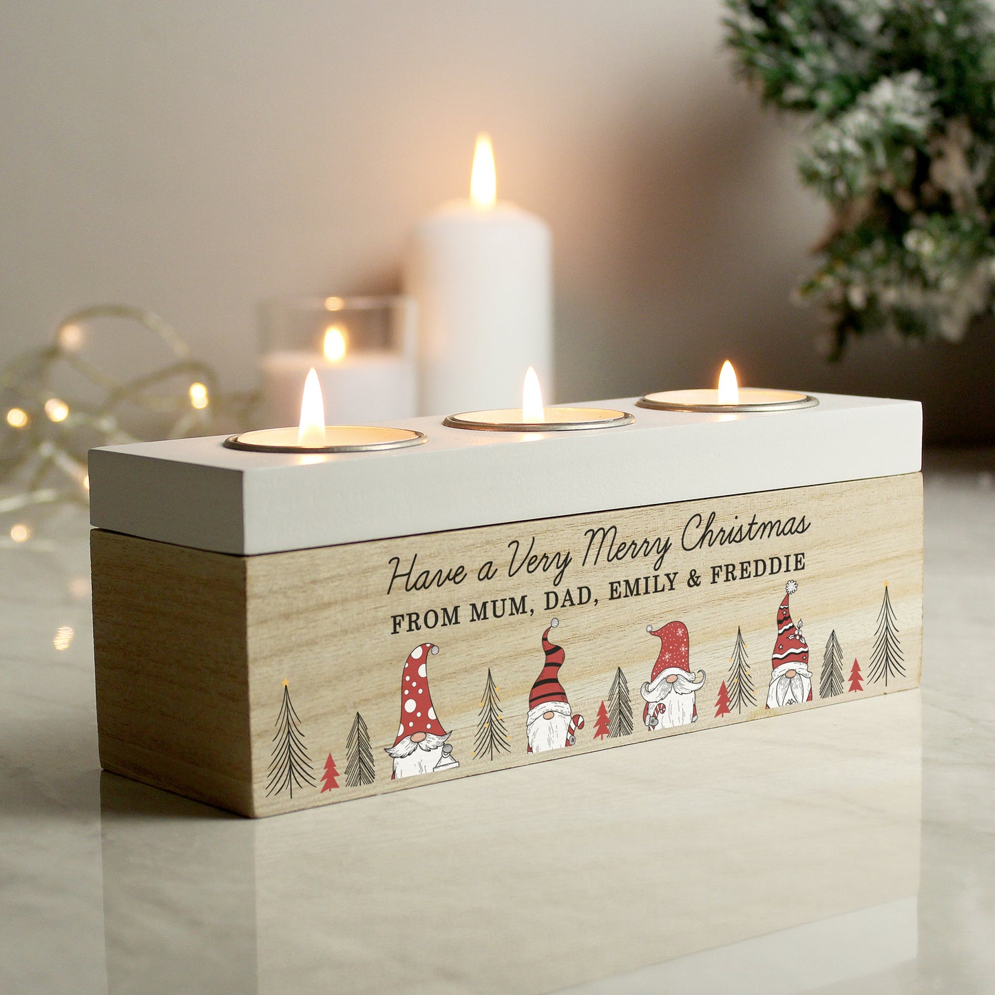 Personalised Gonk Christmas Triple Tea Light Box from Heartfelt Gifts