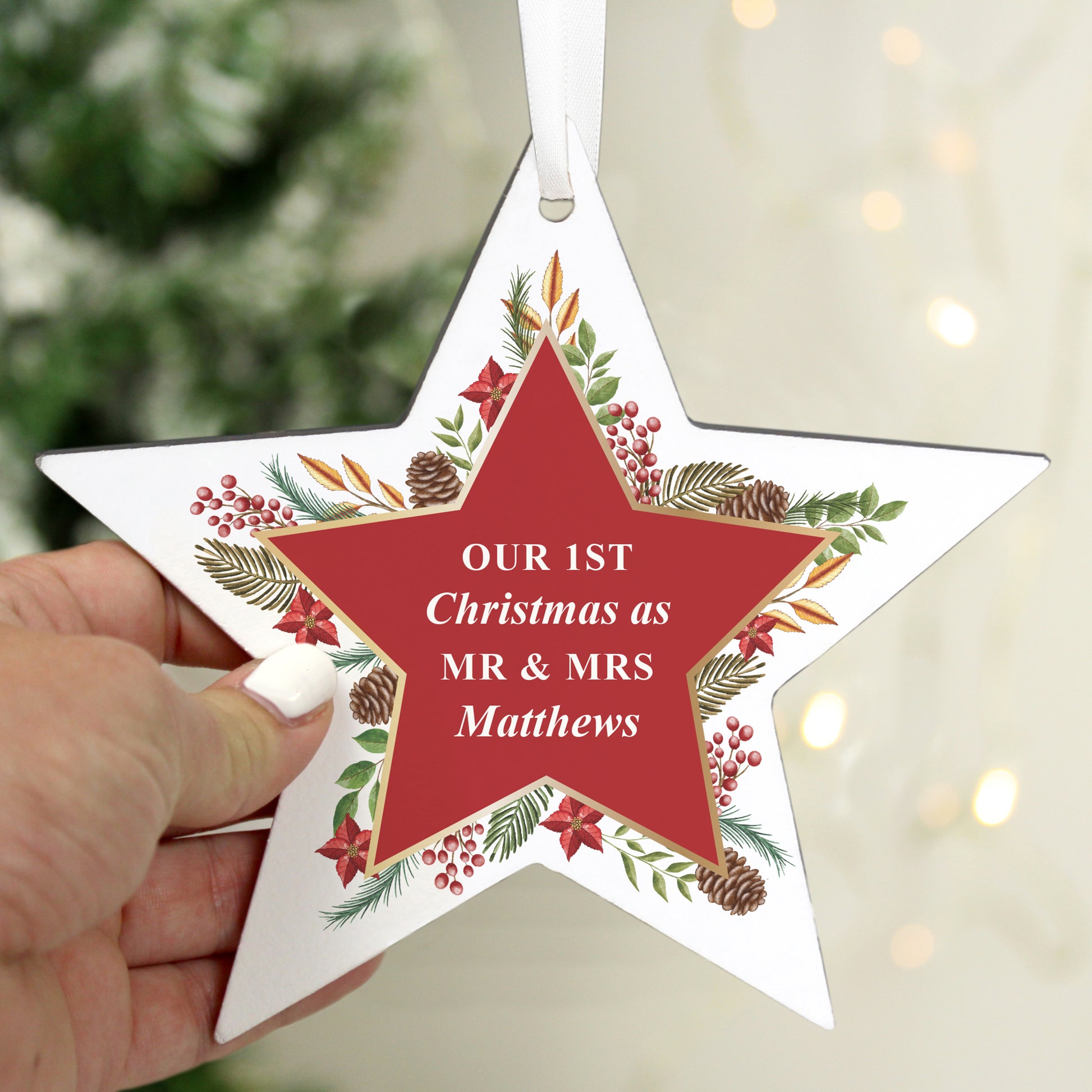 Personalised Christmas Wreath Wooden Star Decoration - image 2