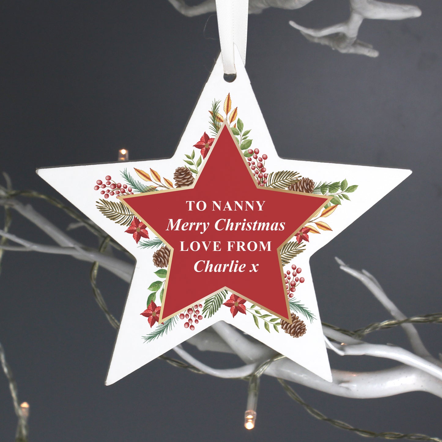 Personalised Christmas Wreath Wooden Star Decoration - image 6