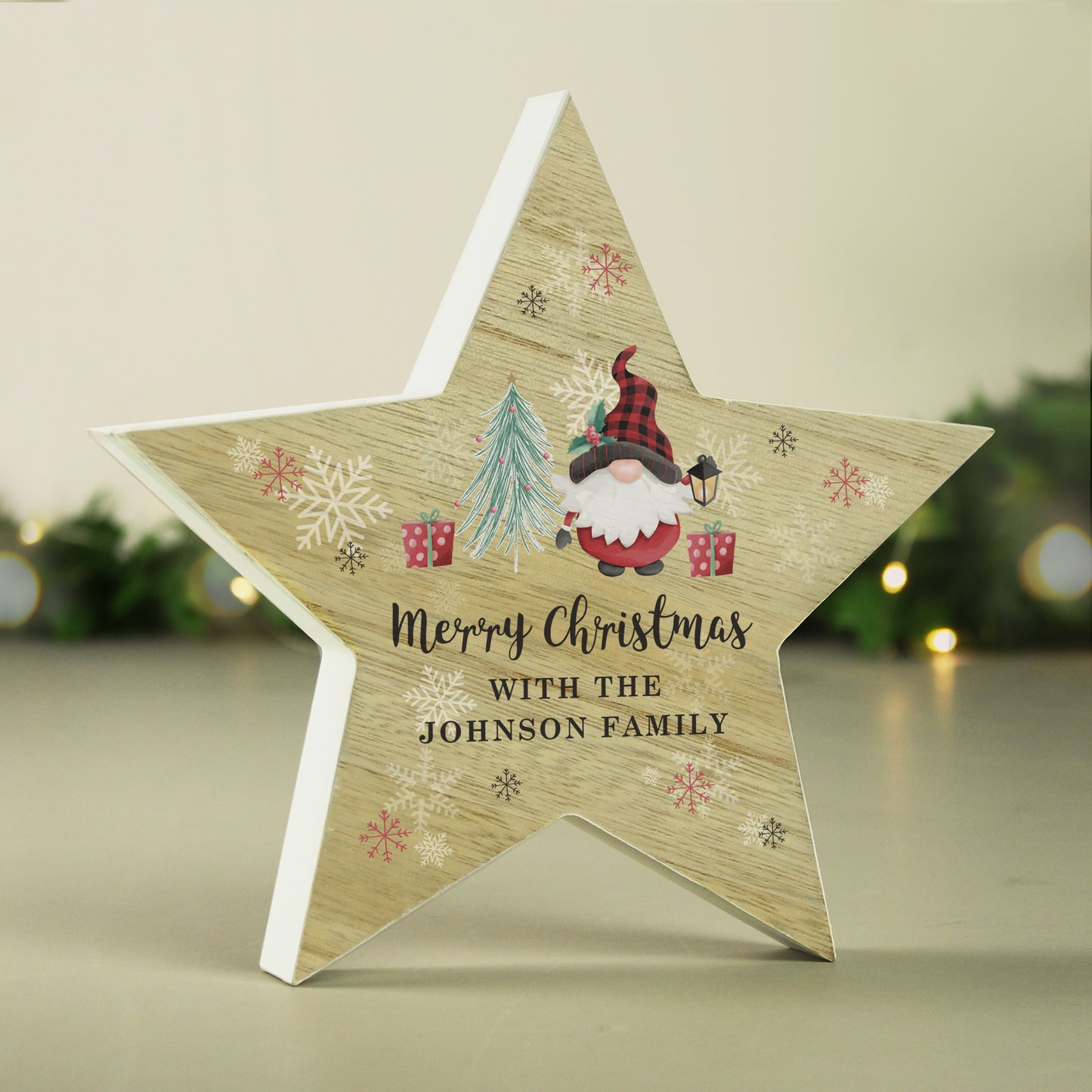 Personalised Gonk Christmas Wooden Star Ornament from Heartfelt Gifts