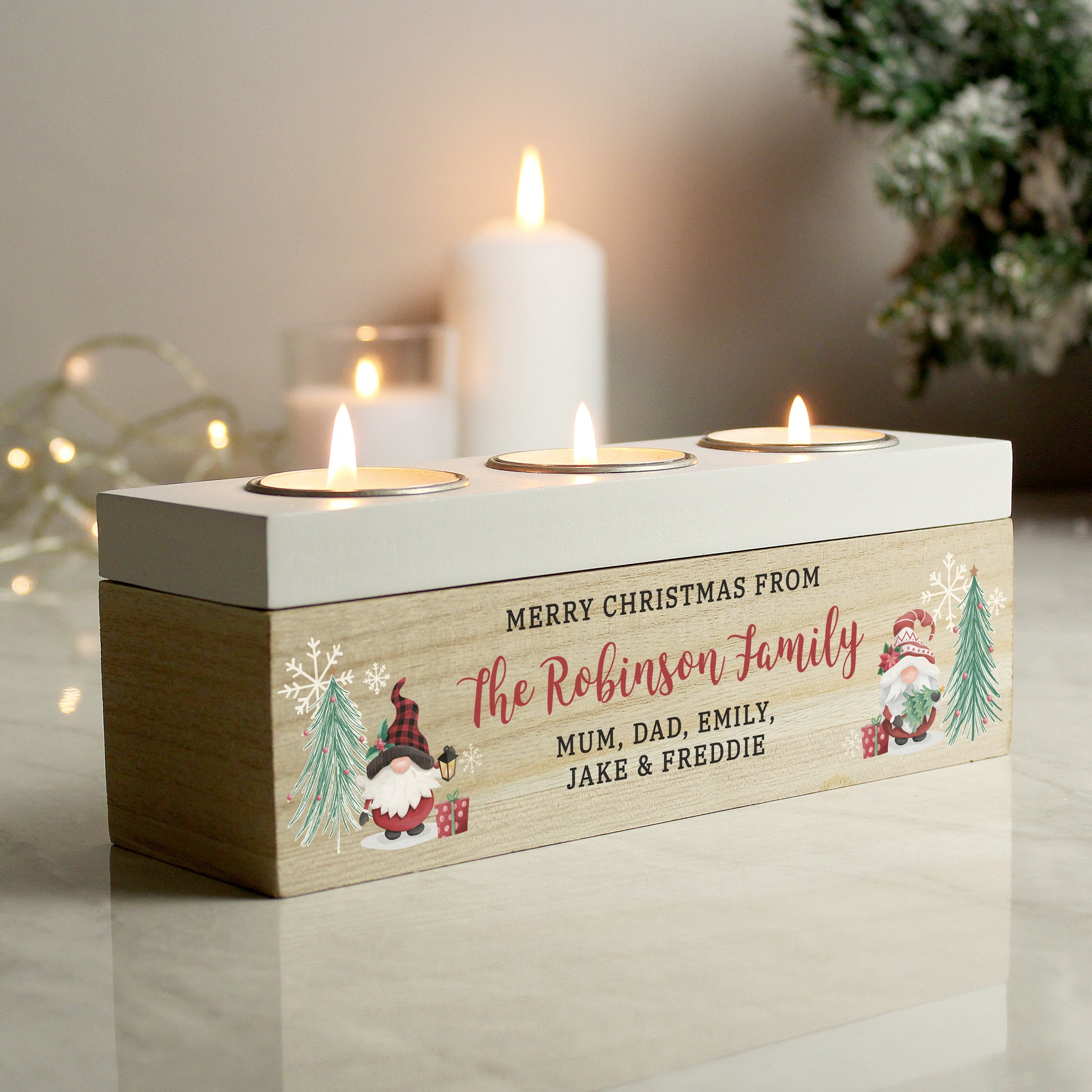 Personalised Christmas Gonk Triple Tea Light Box from Heartfelt Gifts