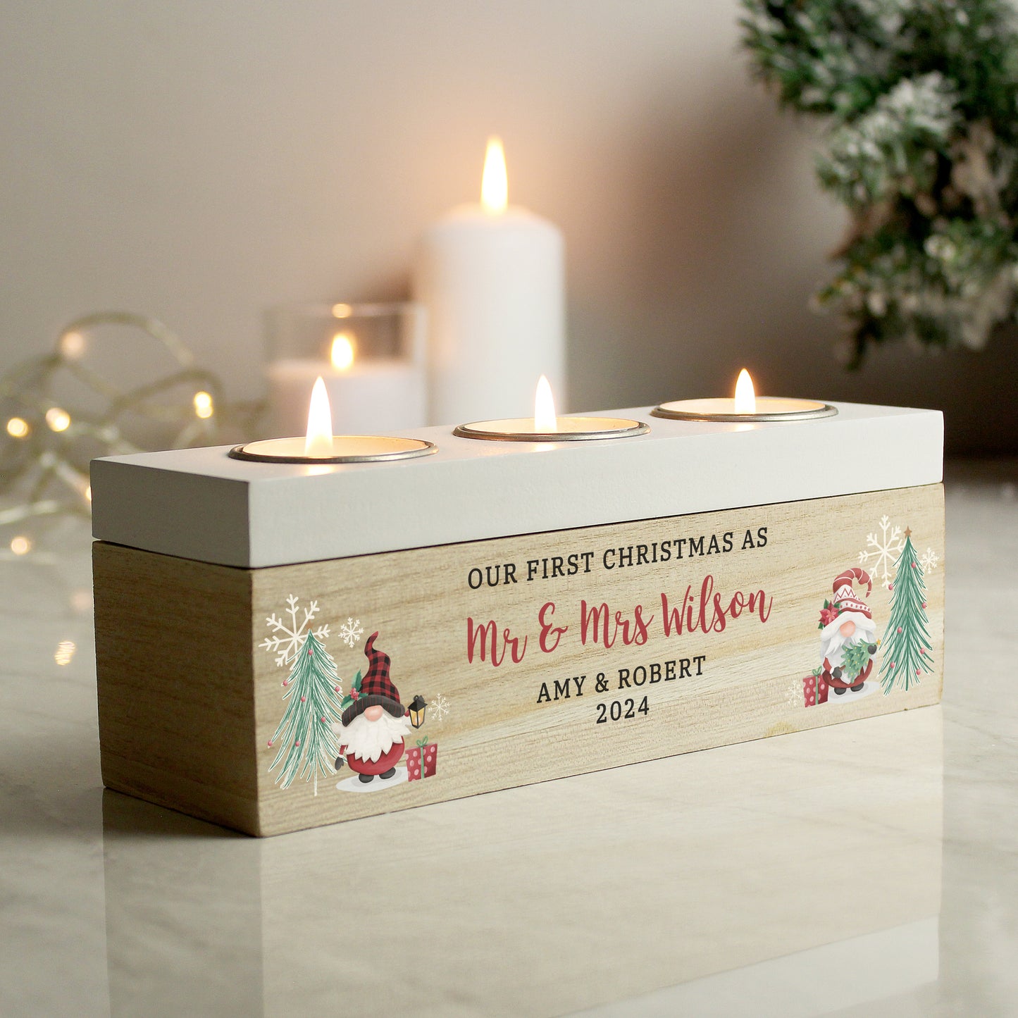 Personalised Christmas Gonk Triple Tea Light Box - image 3