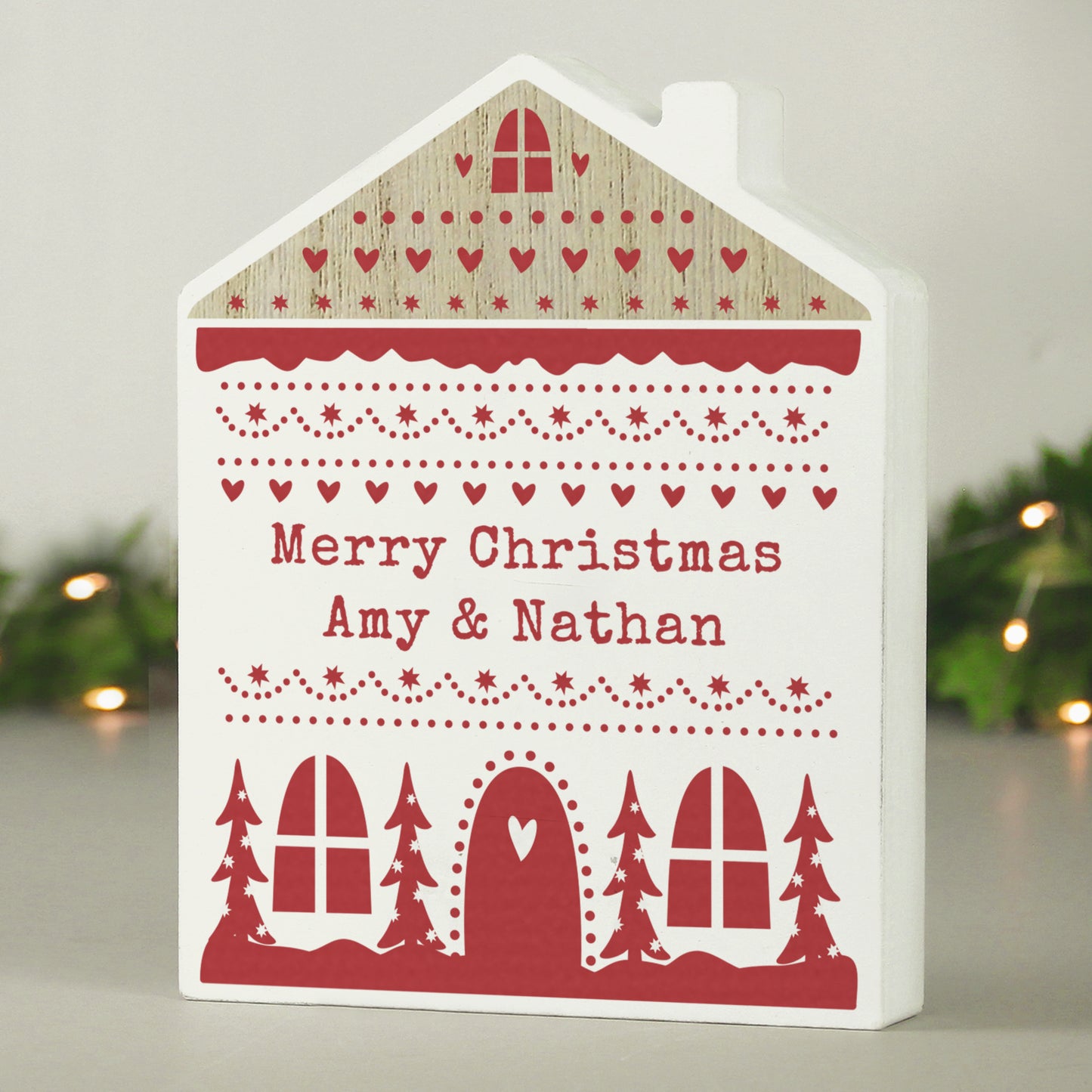 Personalised Christmas Fair Isle Wooden House Ornament from Heartfelt Gifts